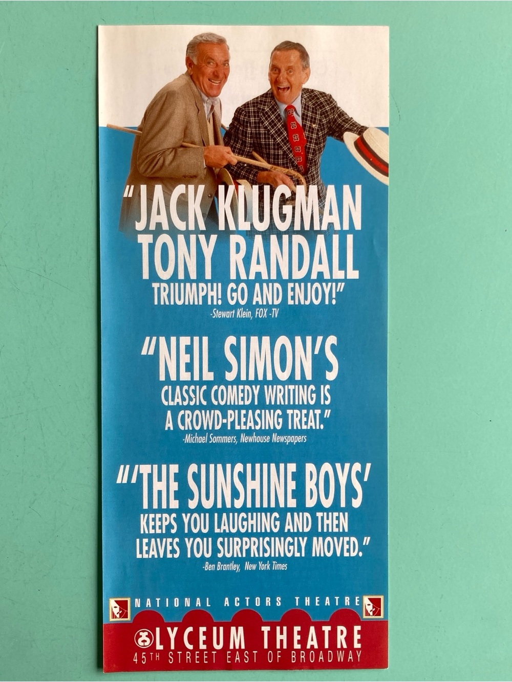 2 Sided Flyer The Sunshine Boys Jack Klugman Tony Randall 9”X4” Broadway 1998